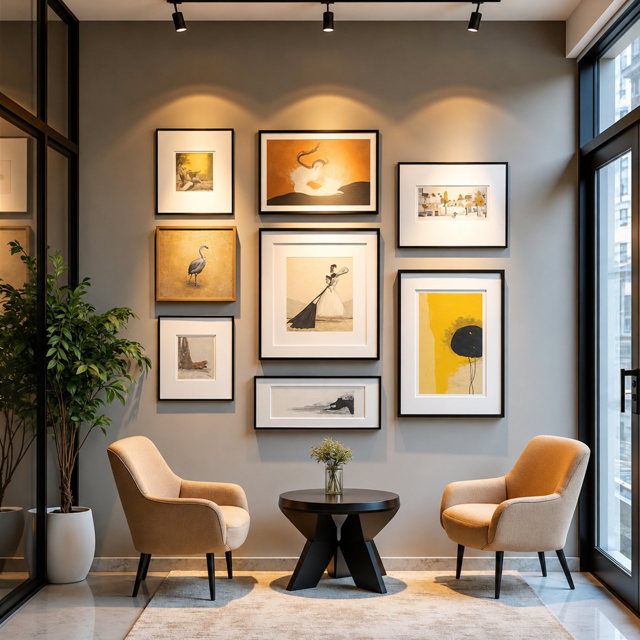 Modern interior seating area with framed artwork, two upholstered accent chairs, a round coffee table, indoor plants, and large windows.
