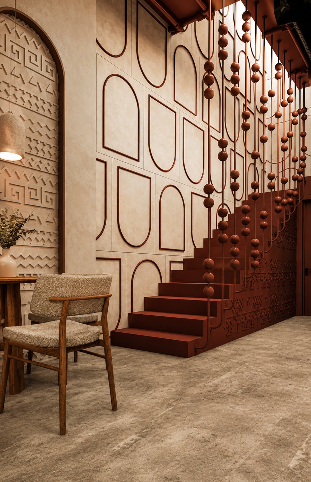 Modern interior with a terracotta staircase, decorative wooden bead partition, textured feature walls, and a rustic wooden chair.