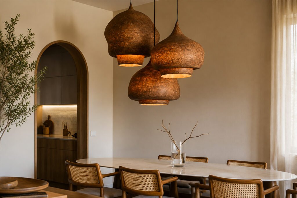 Elegant dining room with woven wooden chairs, a marble dining table, three hanging pendant lights, and an arched wall niche.