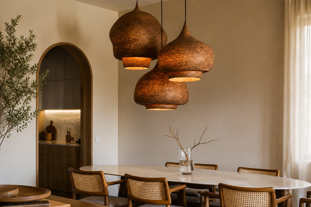 Elegant dining room with woven wooden chairs, a marble dining table, three hanging pendant lights, and an arched wall niche.
