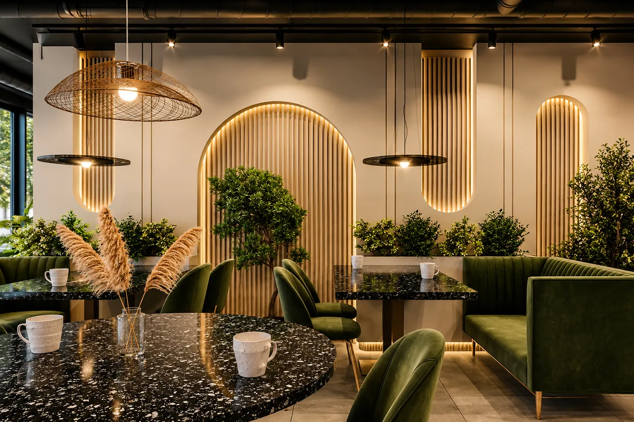 Modern café interior design with green velvet seating, black marble tables, indoor plants, arched wood wall panels, and decorative pendant lighting.