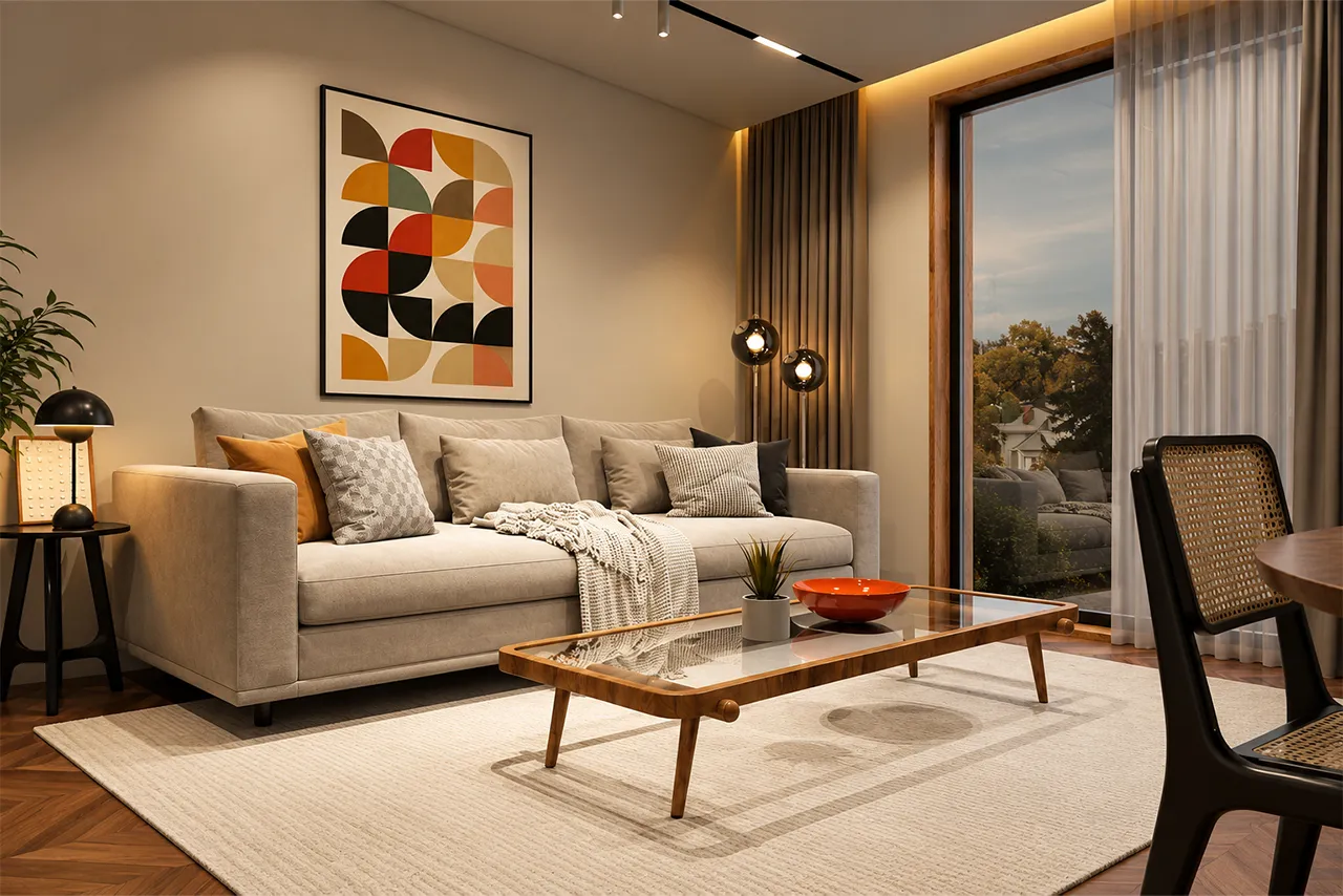 Modern living room interior with a burnt orange sofa, wood-paneled accent wall, glass partition, wall-mounted TV, indoor plant, and contemporary lighting