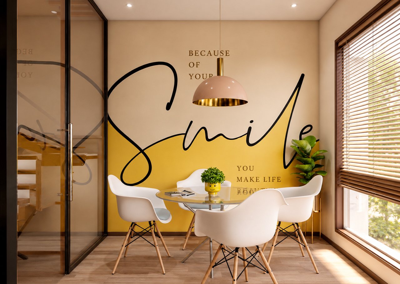 Modern office meeting room with white chairs, a round table, motivational wall artwork, pendant lighting, indoor plants, and large windows with blinds.