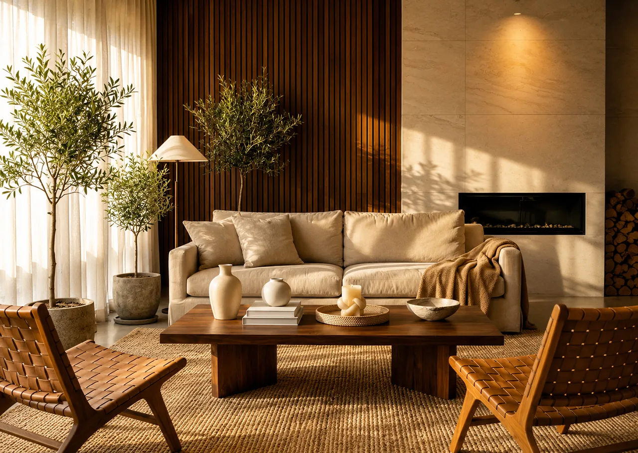 Modern luxury living room interior with a beige sofa, wooden slat accent wall, indoor plants, wooden coffee table, and natural lighting