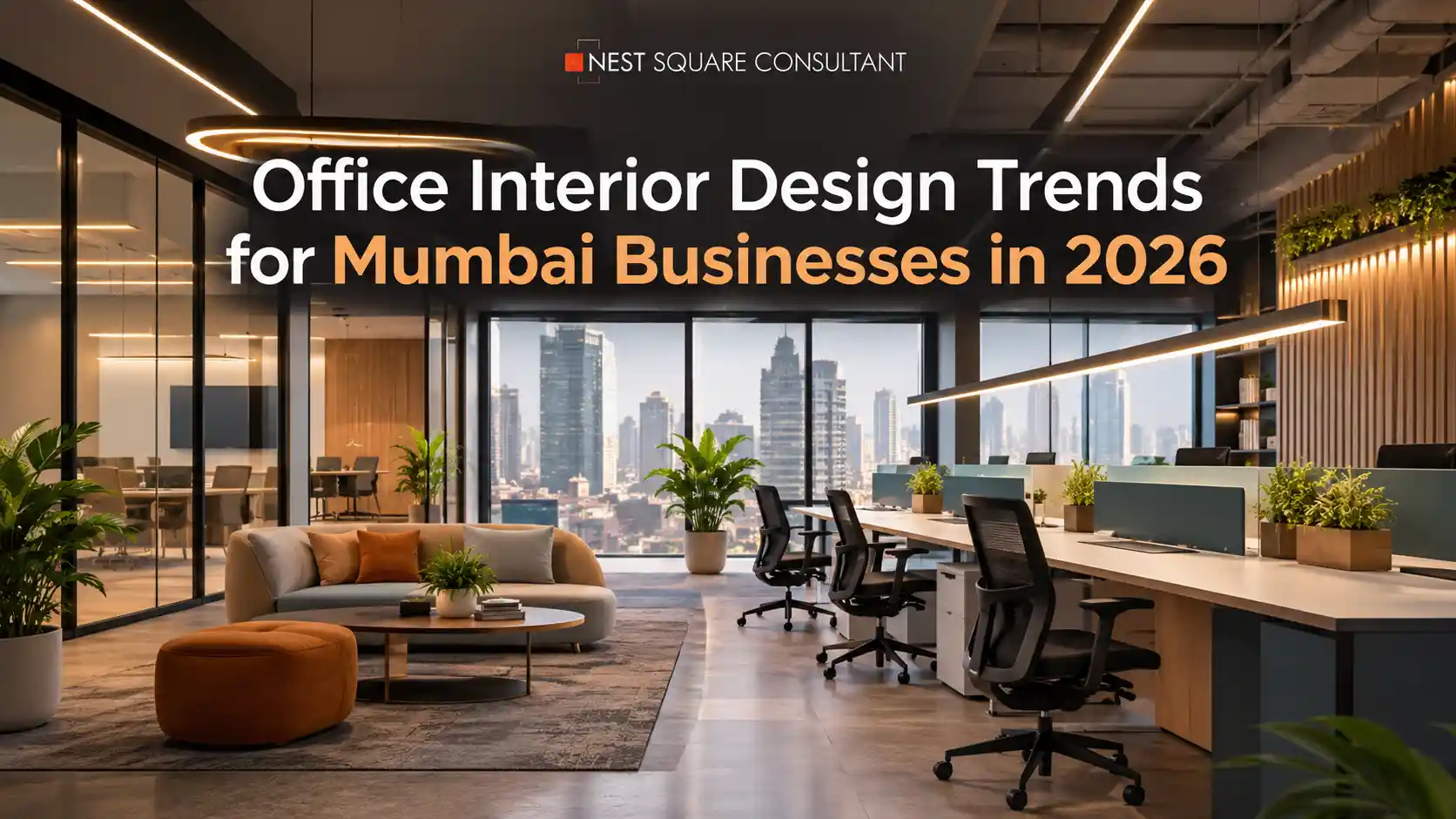 Modern office interior in Mumbai with collaborative workspaces, glass meeting rooms, greenery, and skyline view