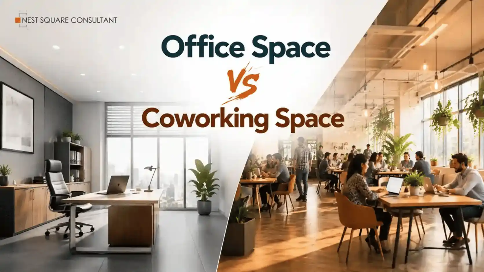 Office space vs coworking space comparison banner with modern workplace interiors